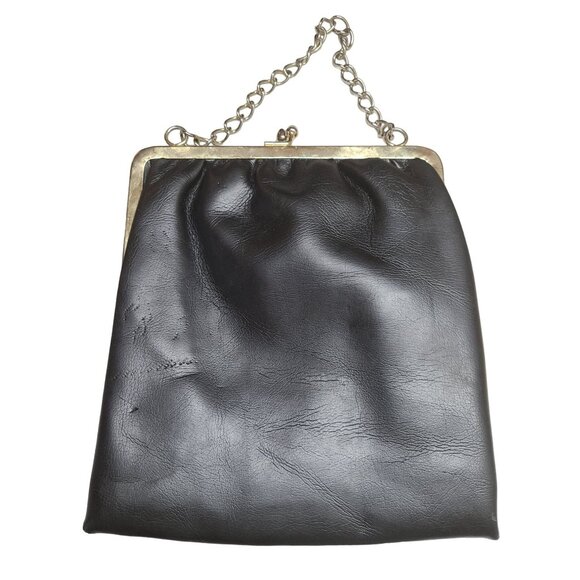 Vintage Black Faux Leather Handbag Purse With Gold Chain Strap Filigree Hardware - Picture 2 of 6